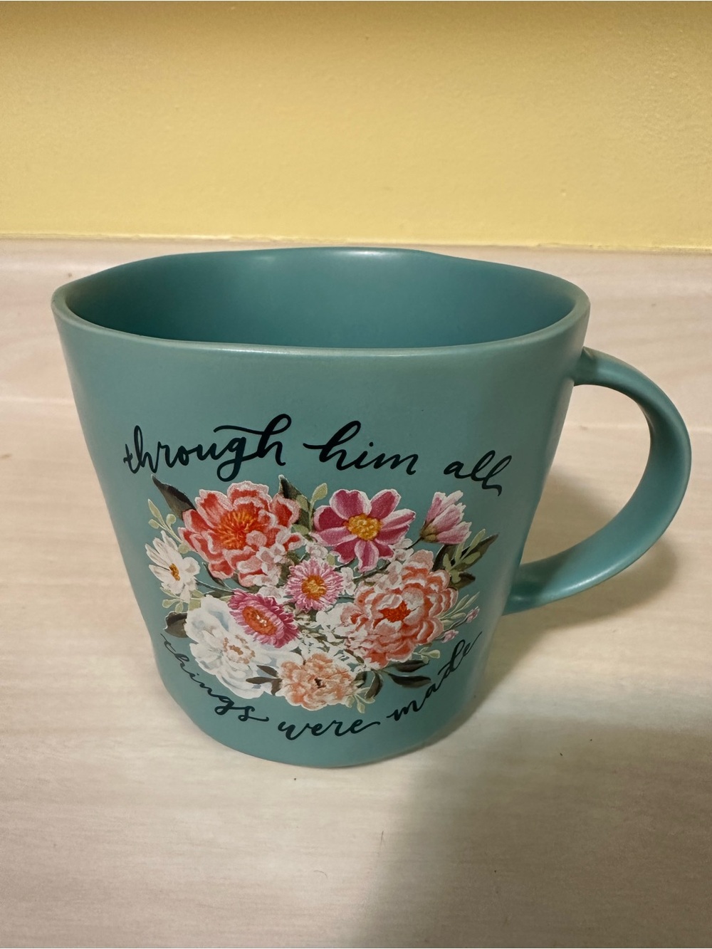 Teal Floral Ceramic Coffee Mug - Inspirational Script Design